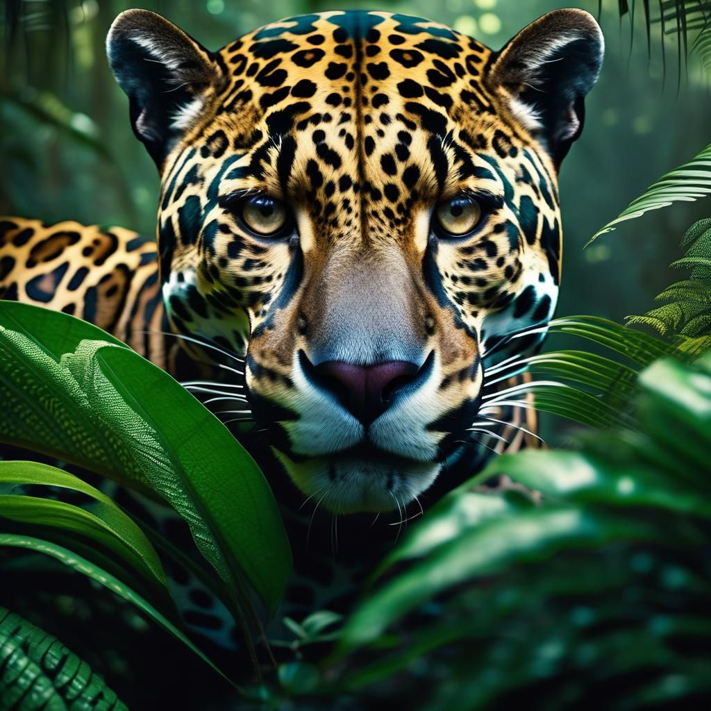 Detailed Jaguar Portrait in Rainforest