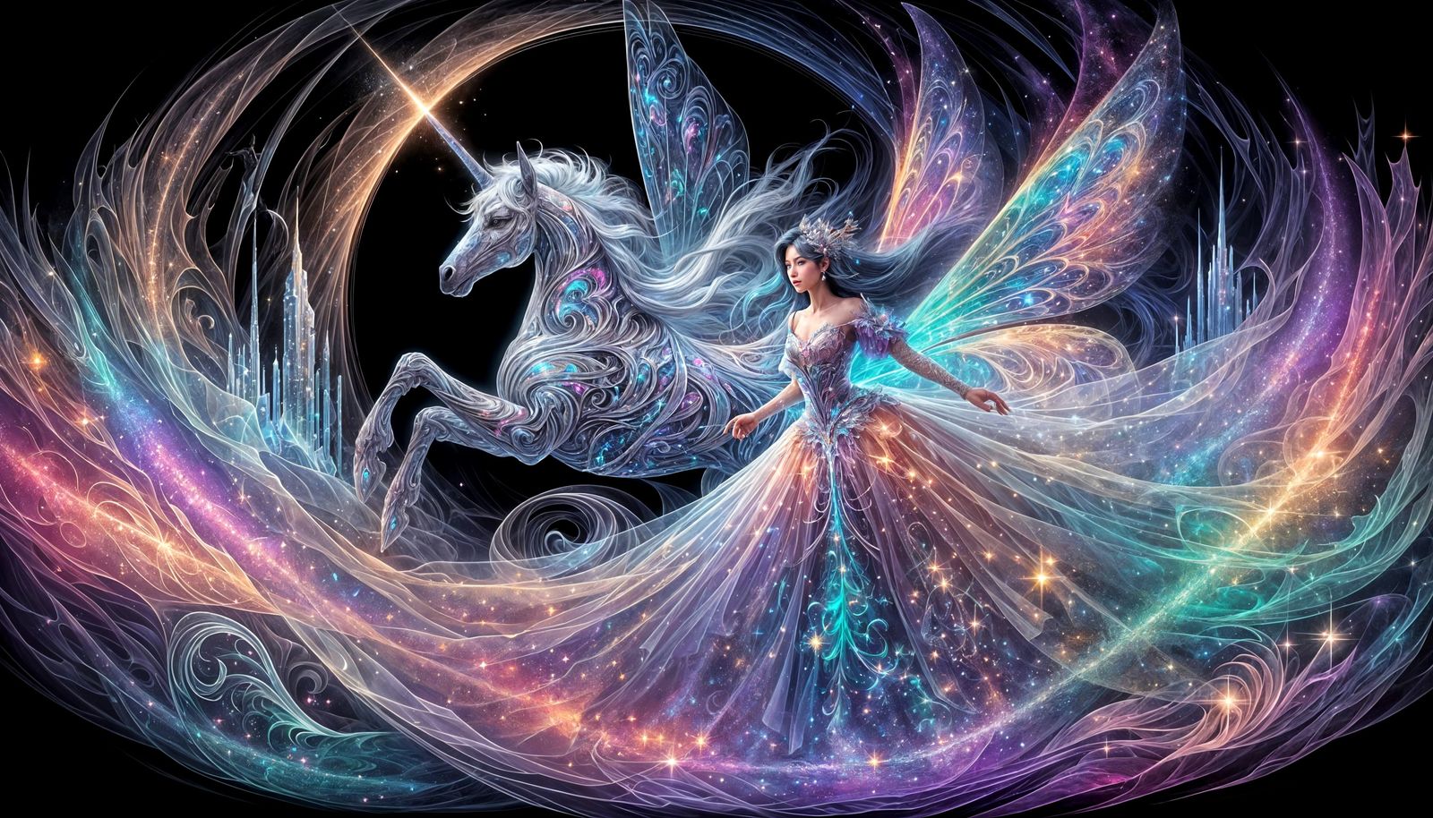Fairy on Winged Horse in Cosmic Realm