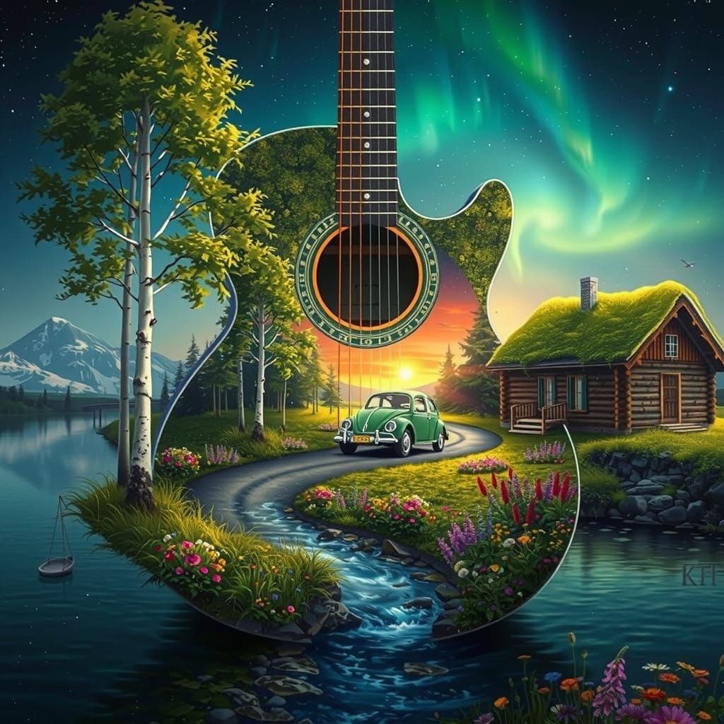 Surreal Guitar Dreamscape with VW Roadster