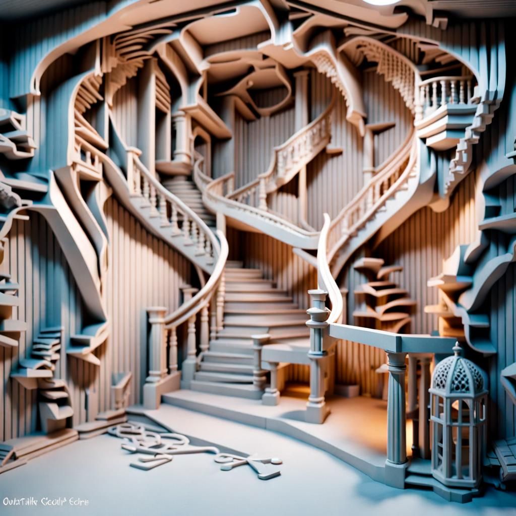 Kirigami Bookshelves in Hyperrealistic Magical Realism