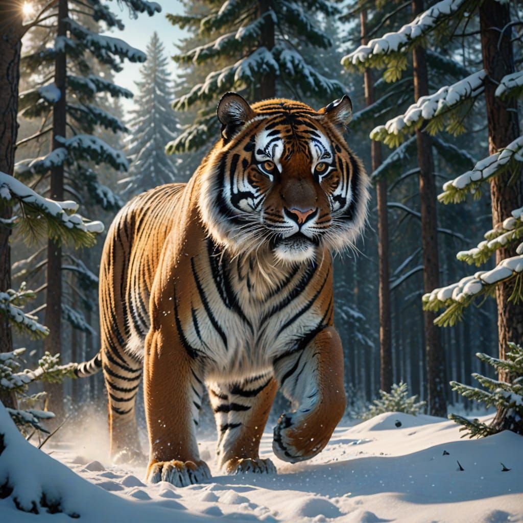 Majestic Tiger in Winter Forest: Digital Matte Painting
