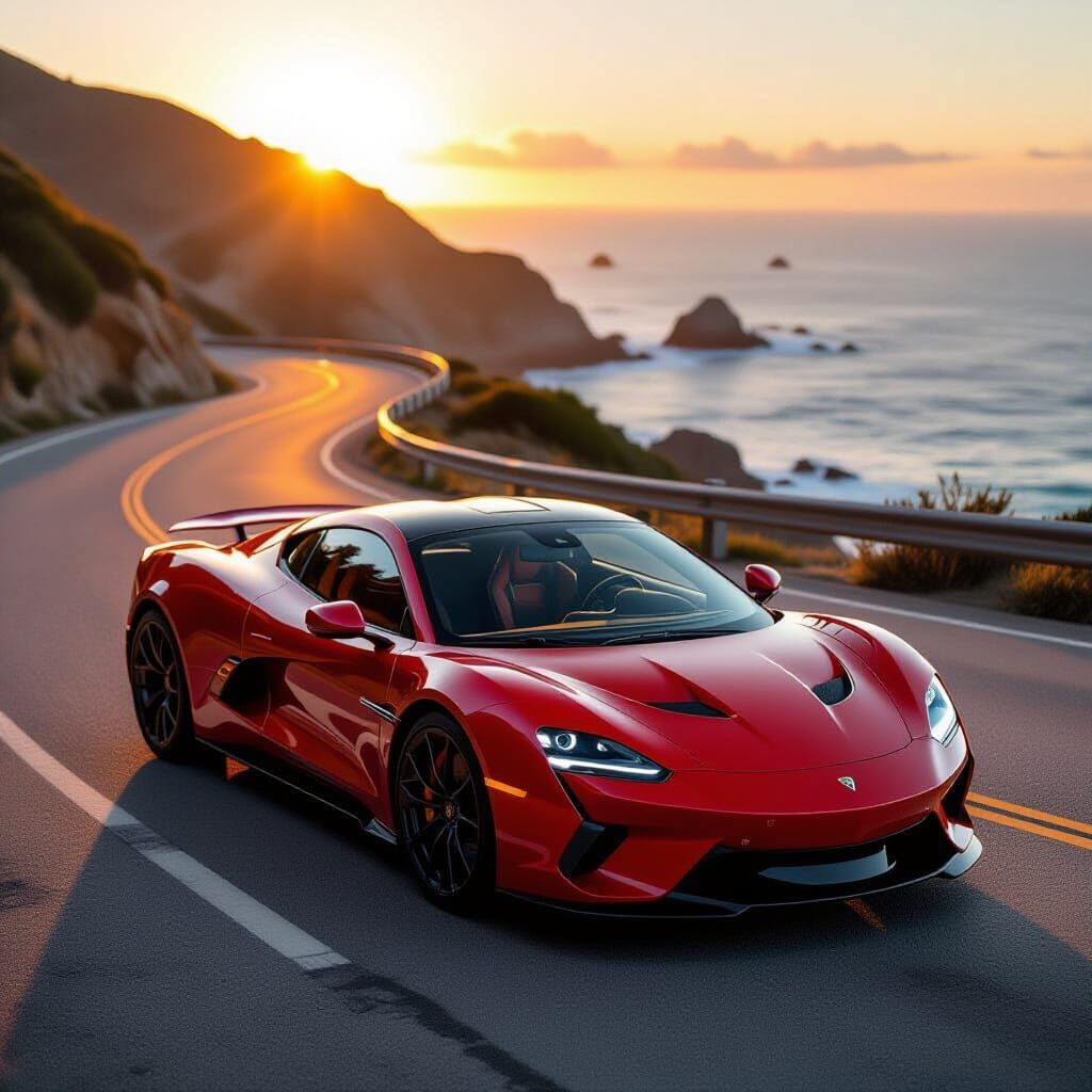 Red Sports Car on Coastal Road at Sunset