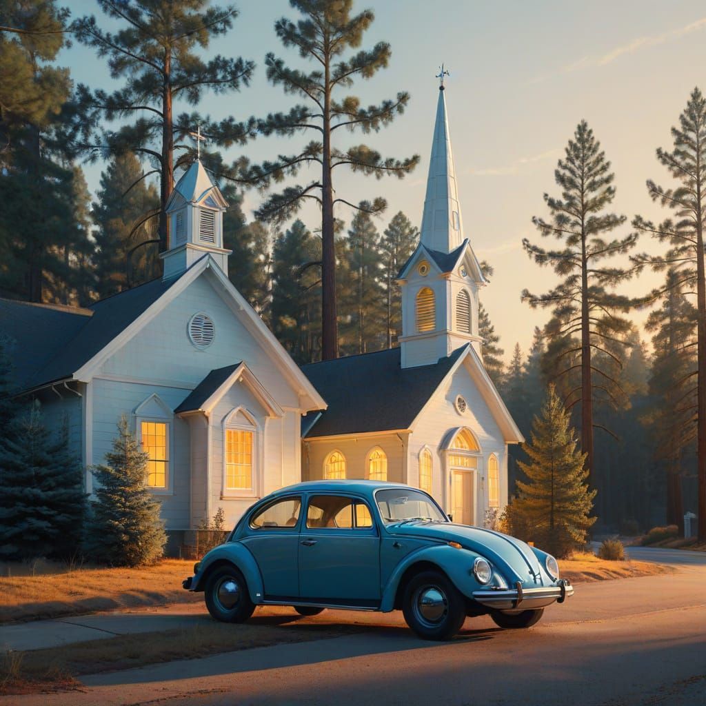 Blue Beetle Parked by Chapel in Oil Painting Style
