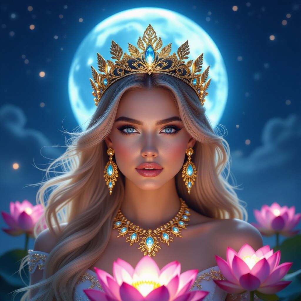 Regal Woman with Golden Crown and Moon Halo