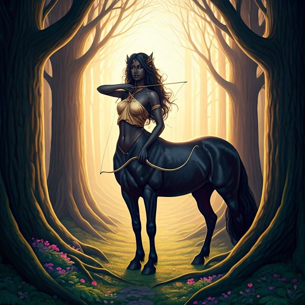 Majestic Black Centaur in Forest Clearing as Watercolour