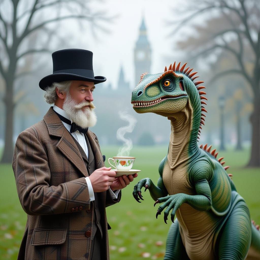 Victorian Gentleman Shares Tea with Velociraptor