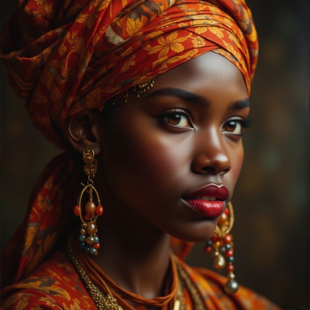 Elegant African Goddess in Hyperrealistic Oil Painting