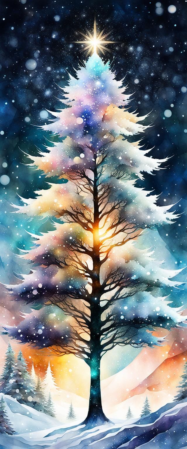 Sparkling Snow Christmas Tree in Watercolor Style