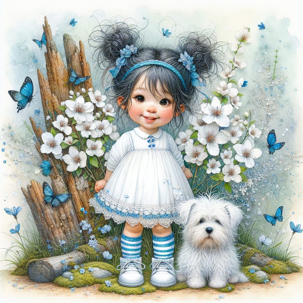 Girl and Dog in Watercolor Flower Garden