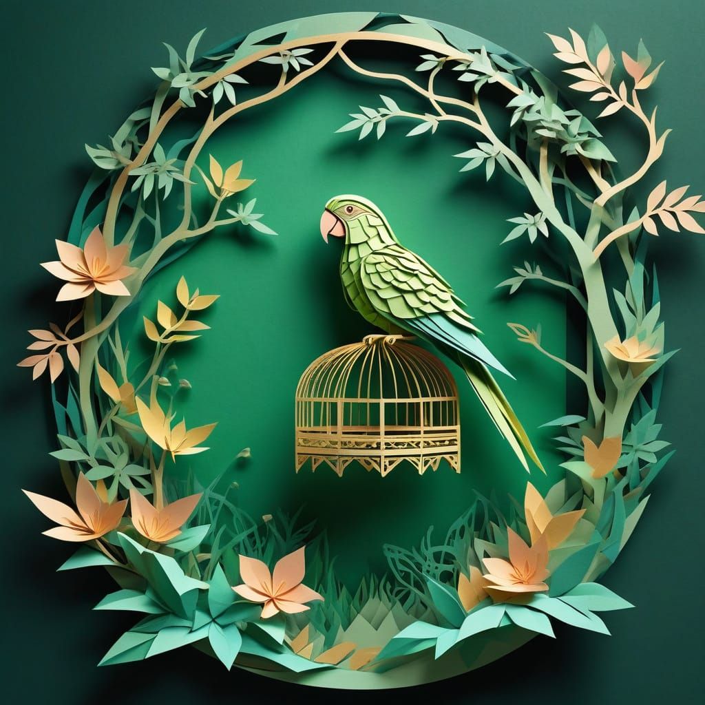 Whimsical Green Parrot Breaks Free from Golden Cage in Dream...