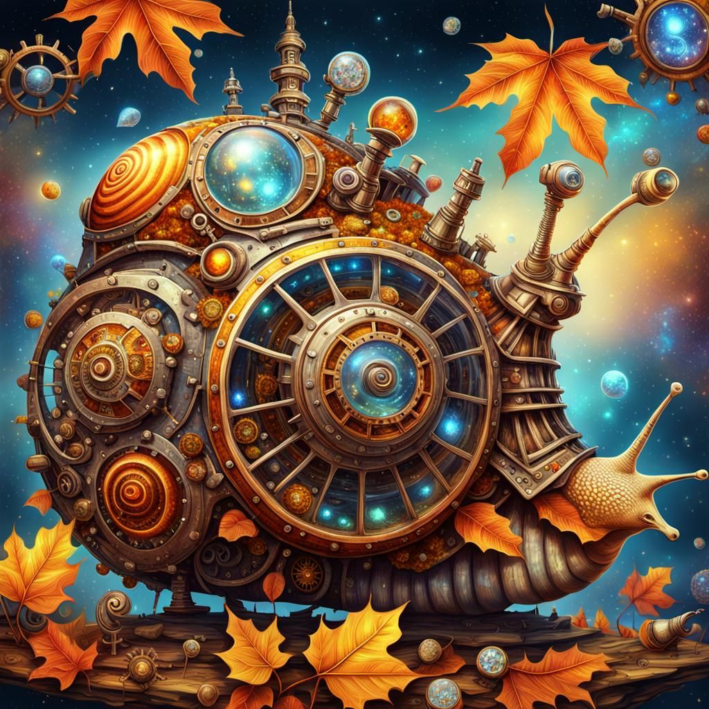 Steampunk Snail Spaceship with Diamonds and Amber