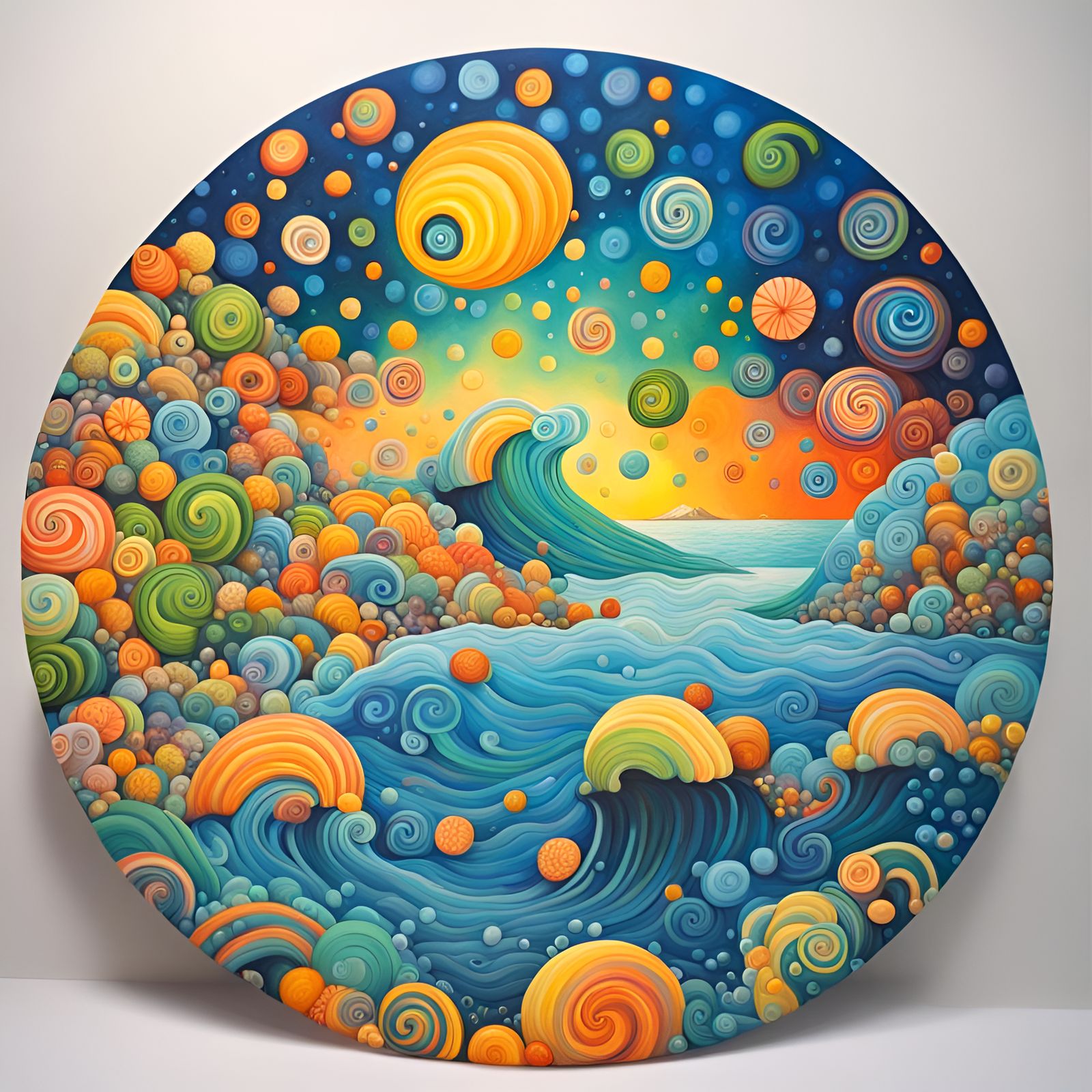 a  breathtaking ocean landscape using the dot painting style...