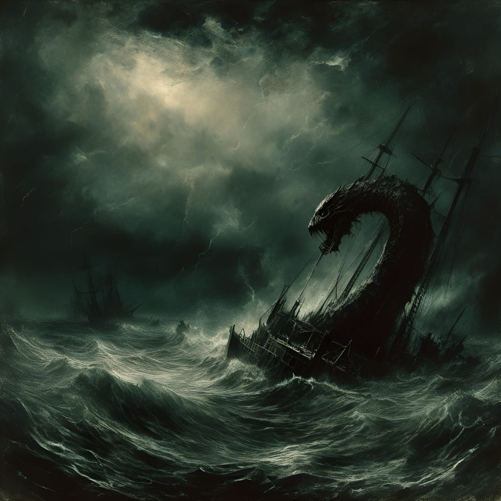 Sinister Sea Serpent in Stormy Dark Sea