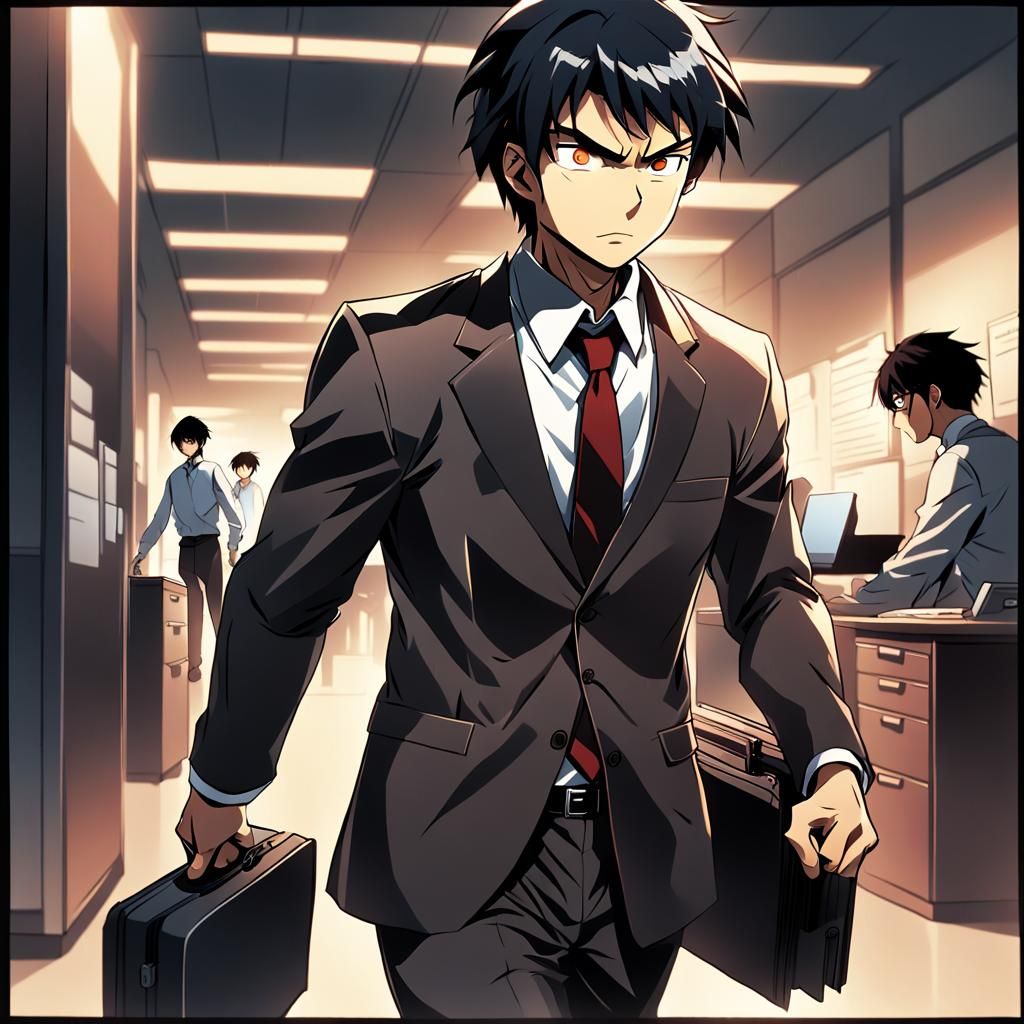 Intense Office Worker in Vibrant Anime Style