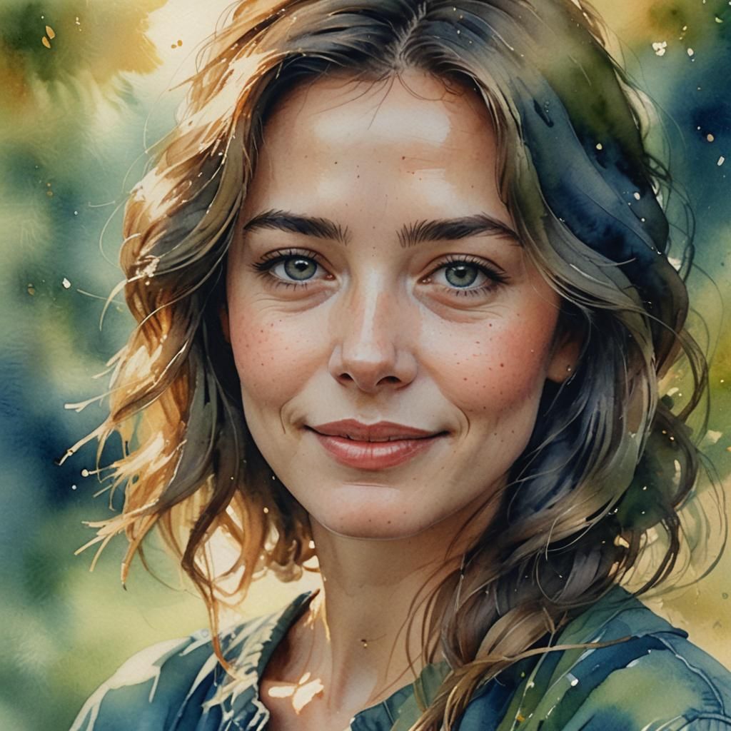 Serene Woman's Portrait in Watercolor Style