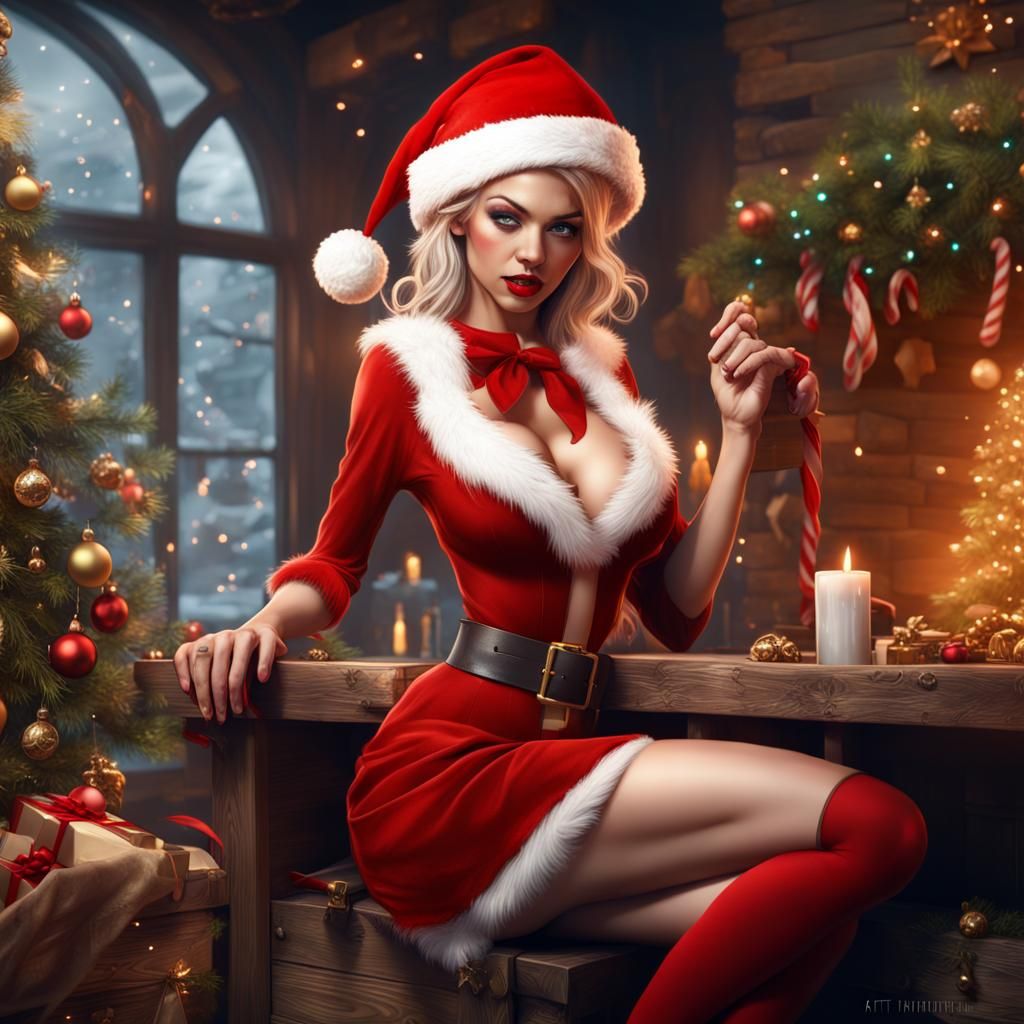 Naughty Christmas Elf Pinup in Detailed Digital Art
