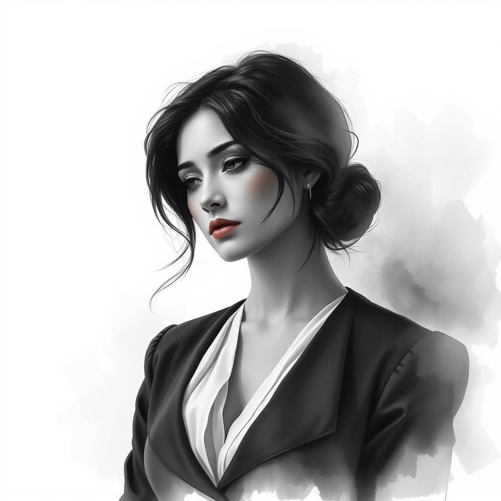 Monochromatic Woman Portrait in Watercolor Grayscale