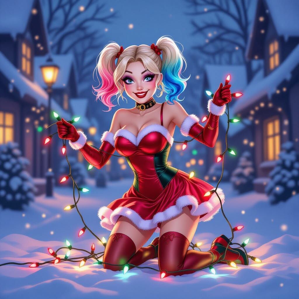 Harley Quinn Tangled in Christmas Lights