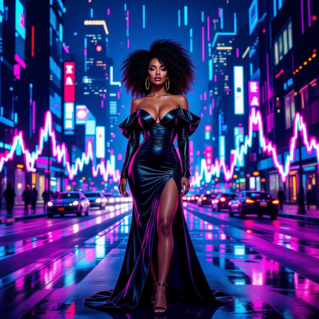 Afro-Latina Musician in Neon City with Sound Waves