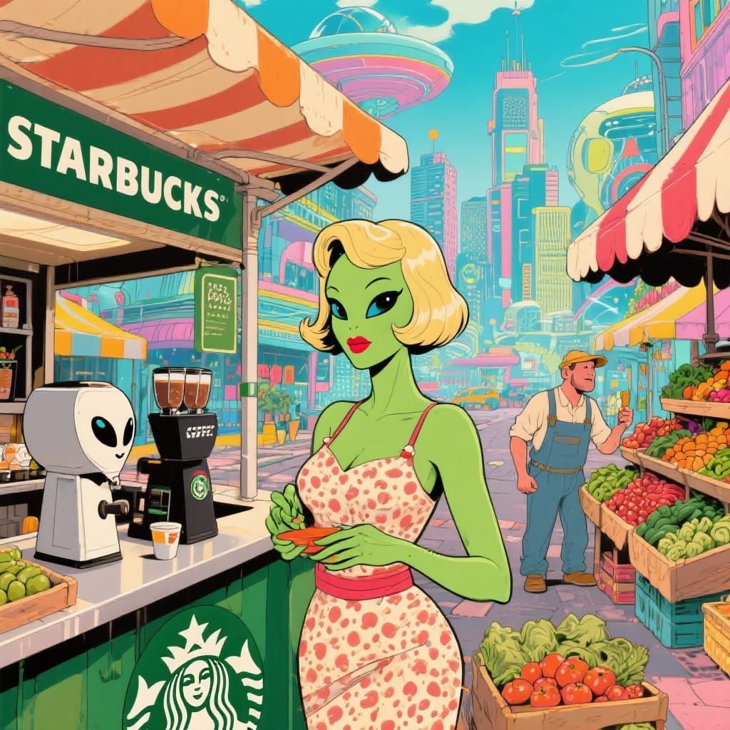 Retro-Futuristic Alien Market with Vintage Barista