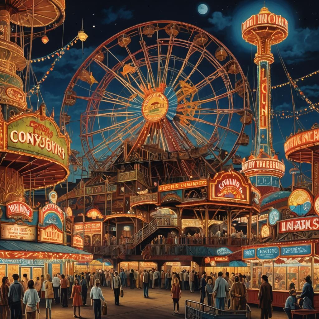 Coney Island Luna Park at Night: Hyperrealistic Splash Art
