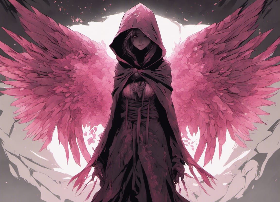 Hooded Angel with Pink Wings in Darkest Dungeon Style