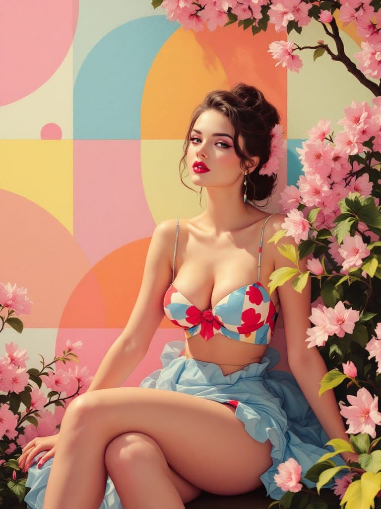 Vintage Pin-Up Meets Geometric Abstract with Cherry Blossoms