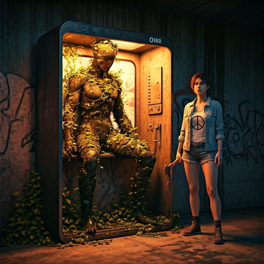 Humanoid Reclaimed by Alien Fungus in Abandoned Urban Landsc...