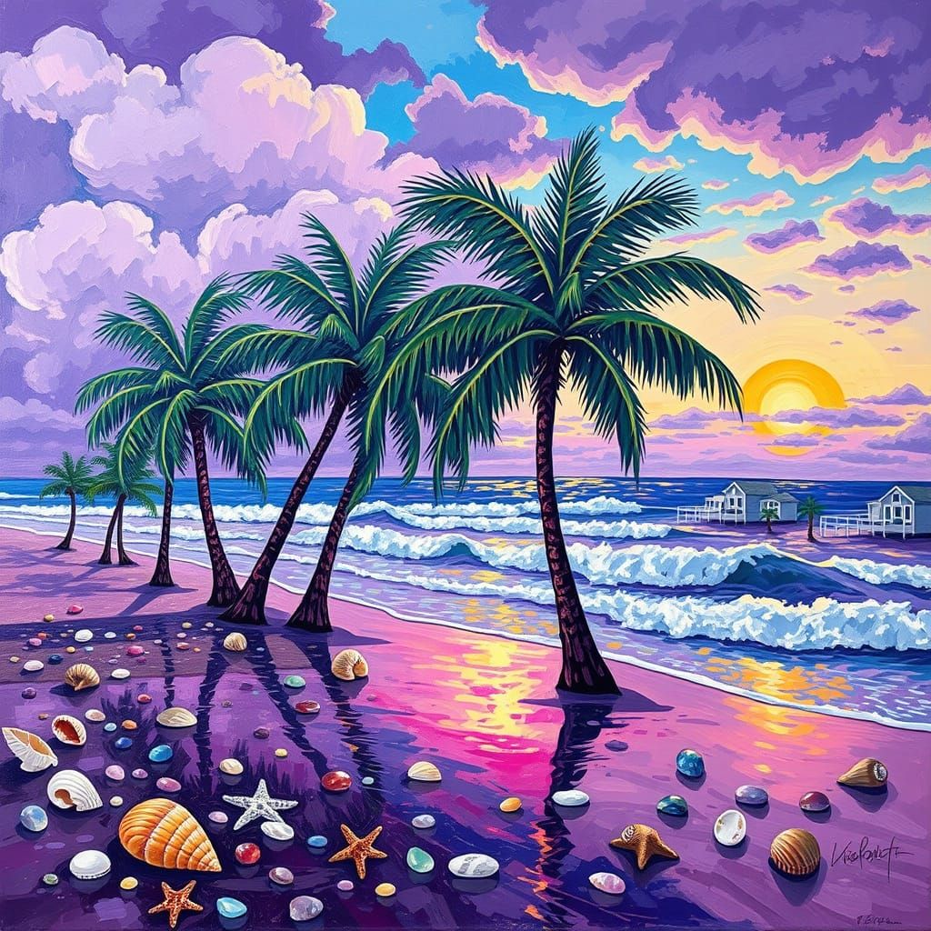 Purple Sunset Beach: Impasto Oil Painting