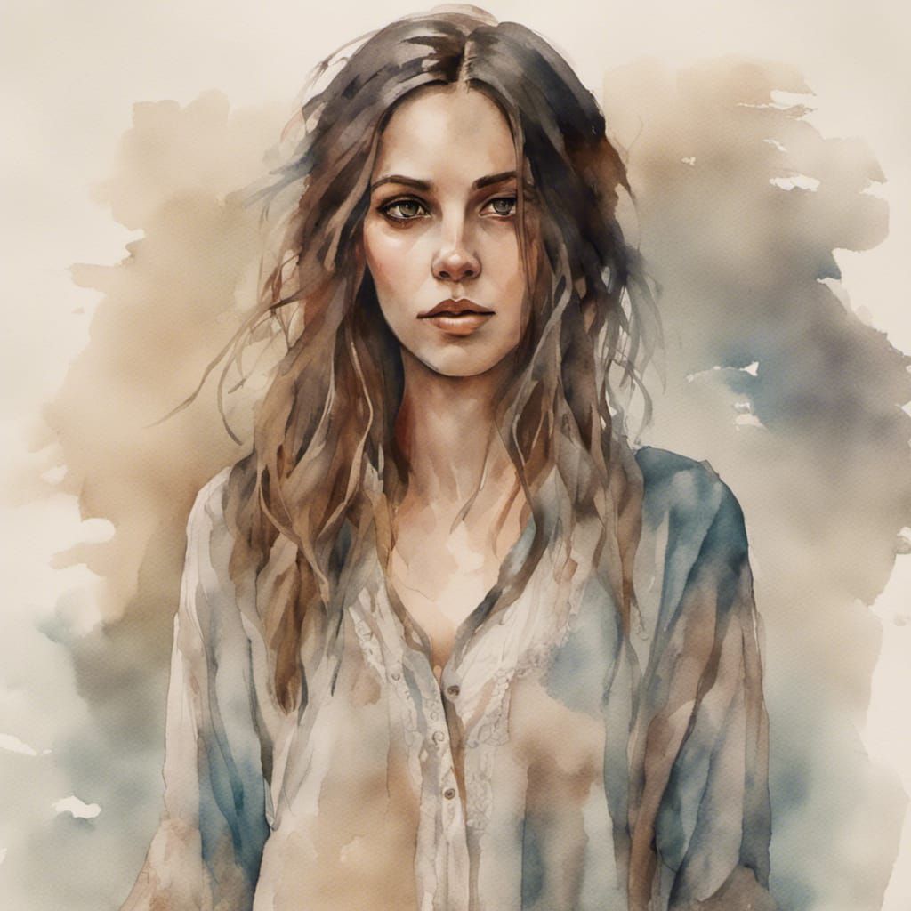 Bohemian Woman in Muted Watercolor Portrait
