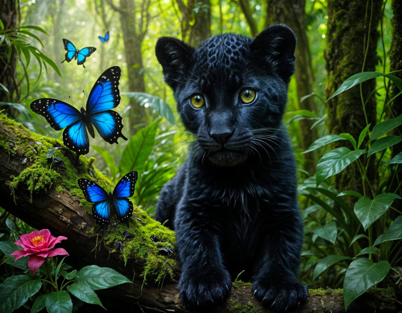 Adorable Jaguar Cub Stalks Butterfly in Rainforest