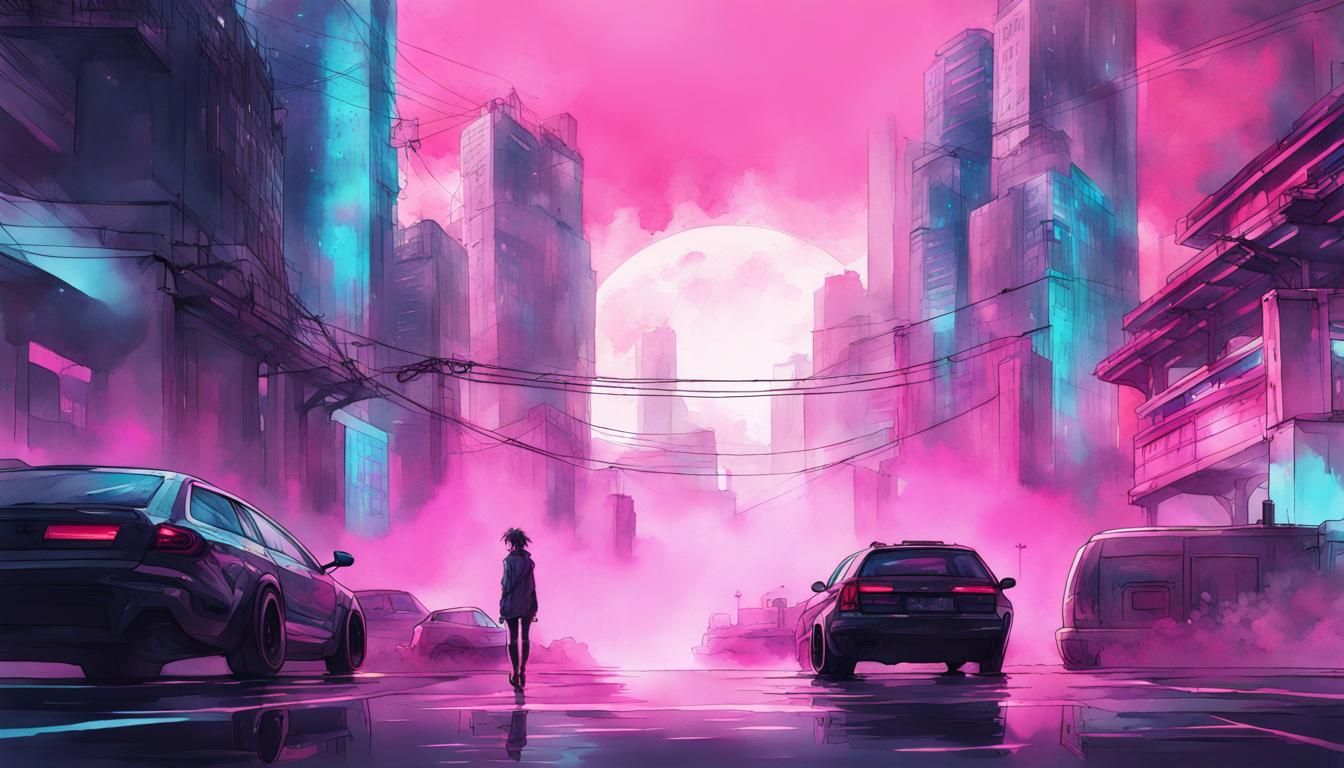 Epic Watercolor Design in Cyberpunk Vaporwave Style