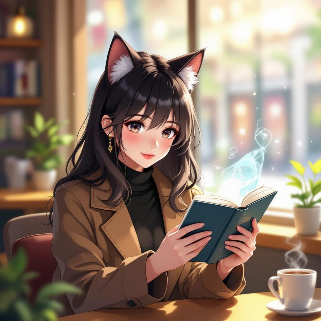 Cat-Eared Woman Reads Holographic Book in Sunny Cafe