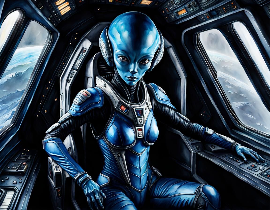 Detailed Watercolor Portrait of a Blue Alien Woman