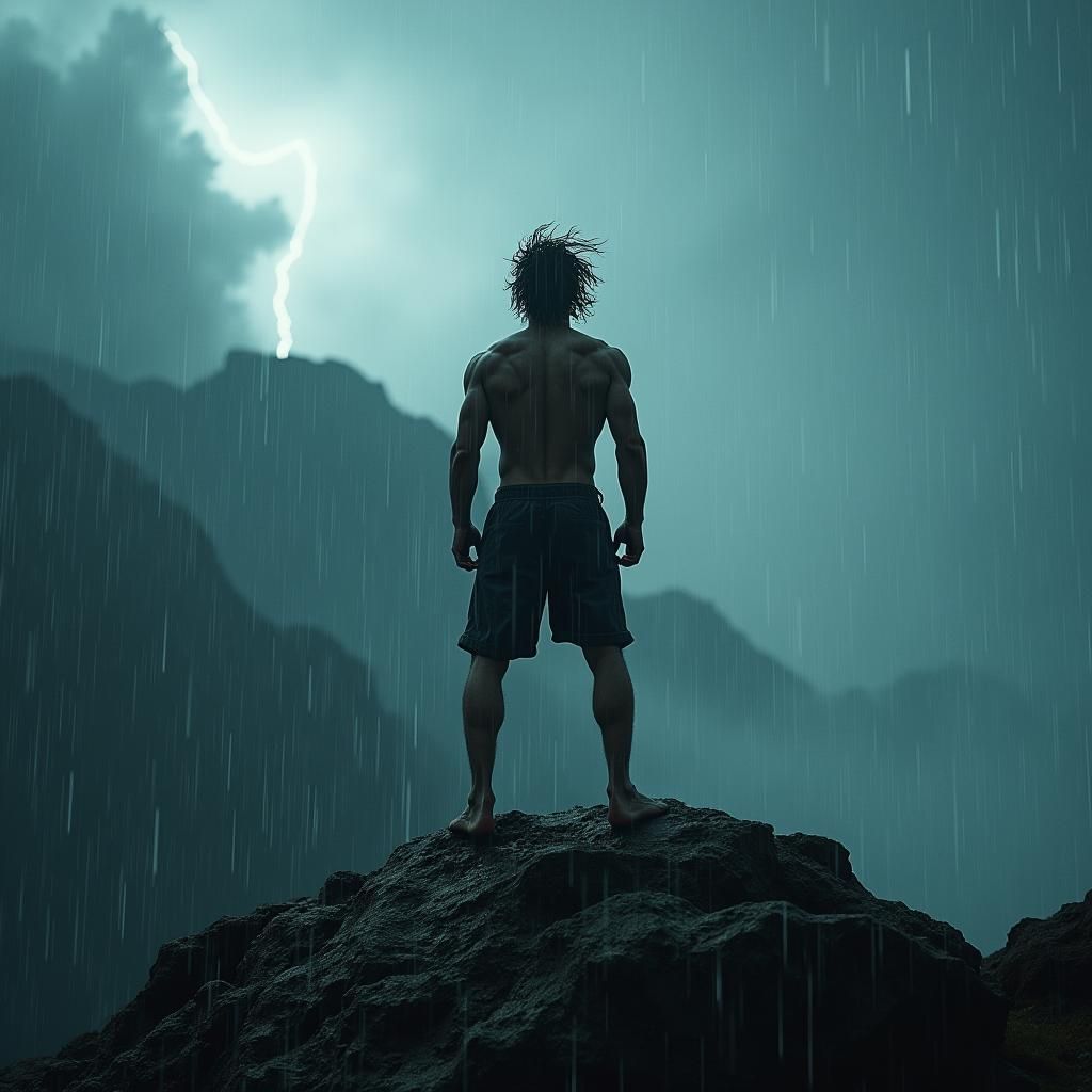 Epic Man Versus Storm on Mountain Summit