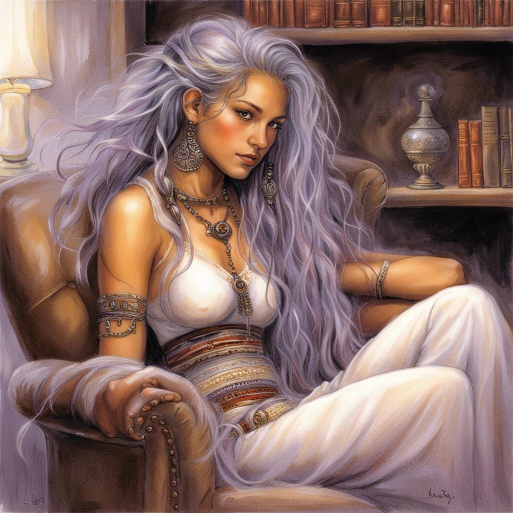 Maya Girl Relaxing by Fireplace, in Luis Royo Style