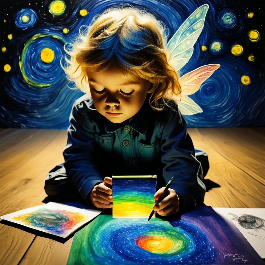 Child's Flight on Starry Night in Surreal Style