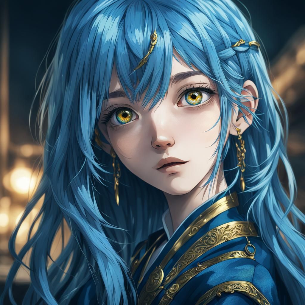 Hyperrealistic Anime Character Portrait with Blue Hair