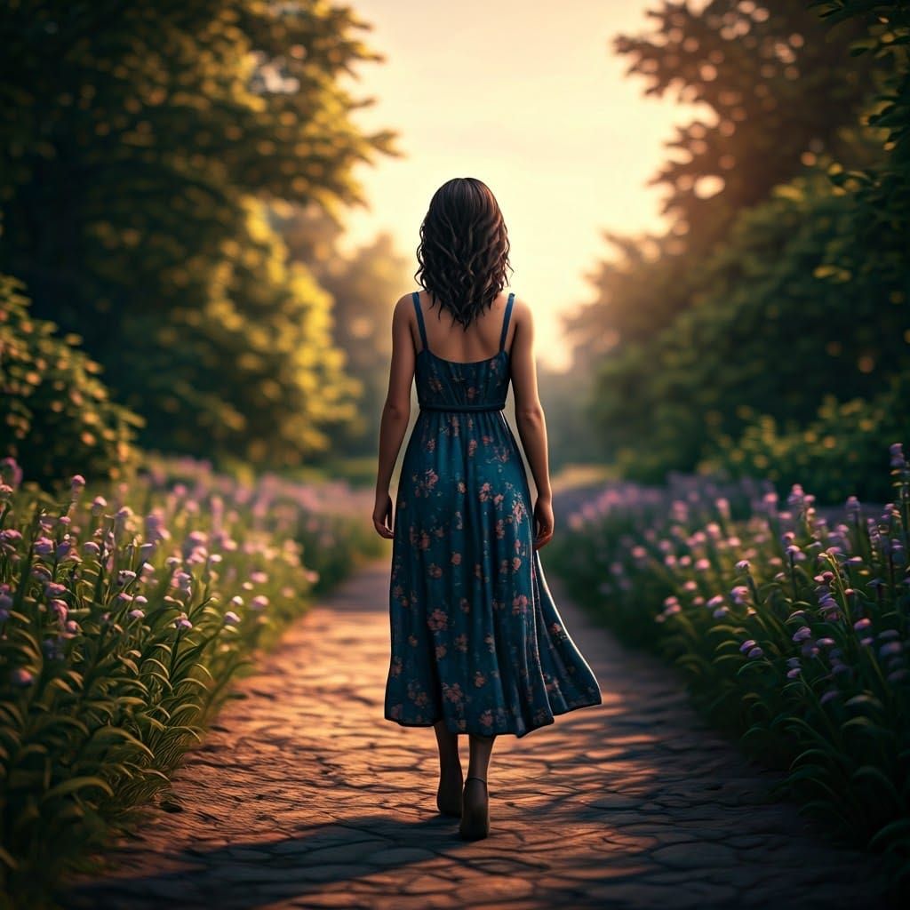 Woman in Blue Dress Walking Through Park