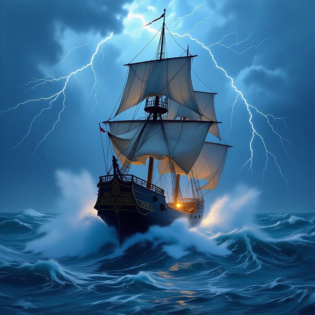 Majestic Ship Battles Storm on Turbulent Sea