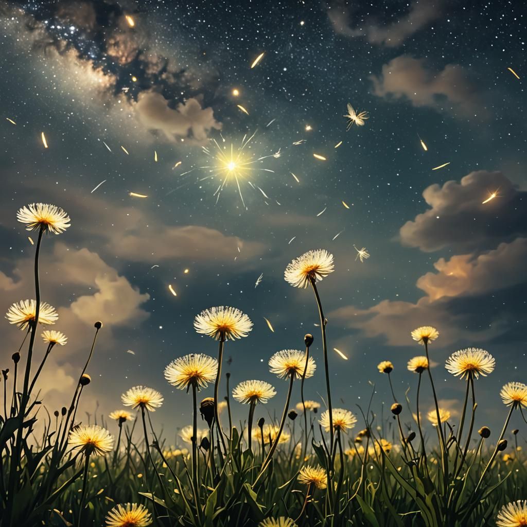 Fireflies and Dandelions in Starry Night: Impasto Hyperreali...