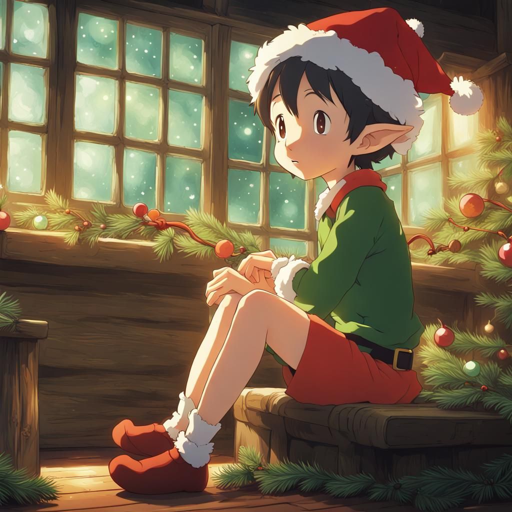 Cute Christmas Elf in Anime Style