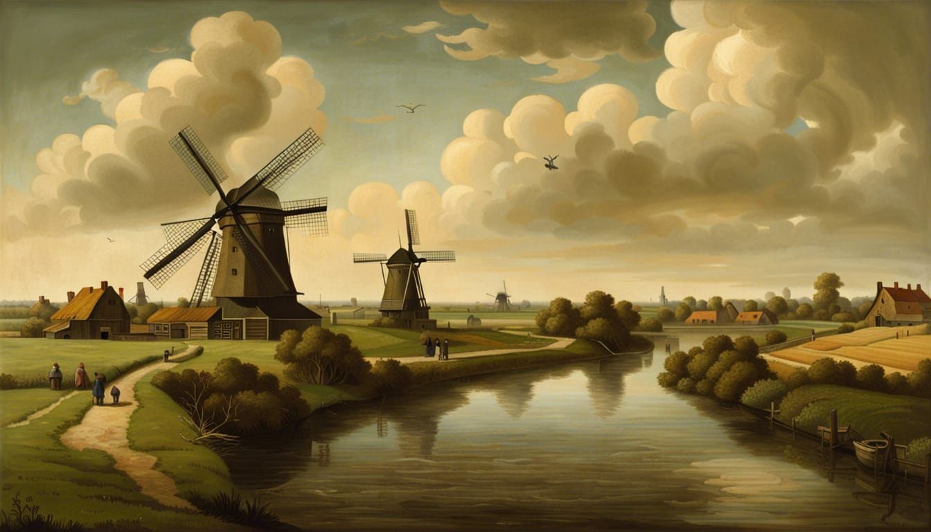 Dutch Golden Age Windmills in Vermeer Style