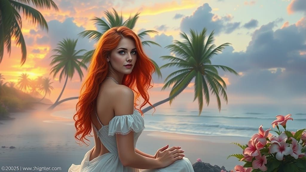 Redhead Woman on Palm Beach at Sunset
