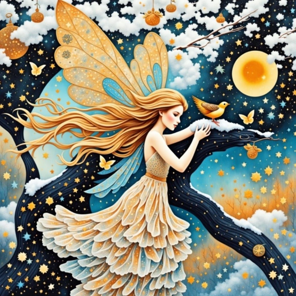Enchanted Christmas Fairies Dance Under Starry Snowy Skies w...