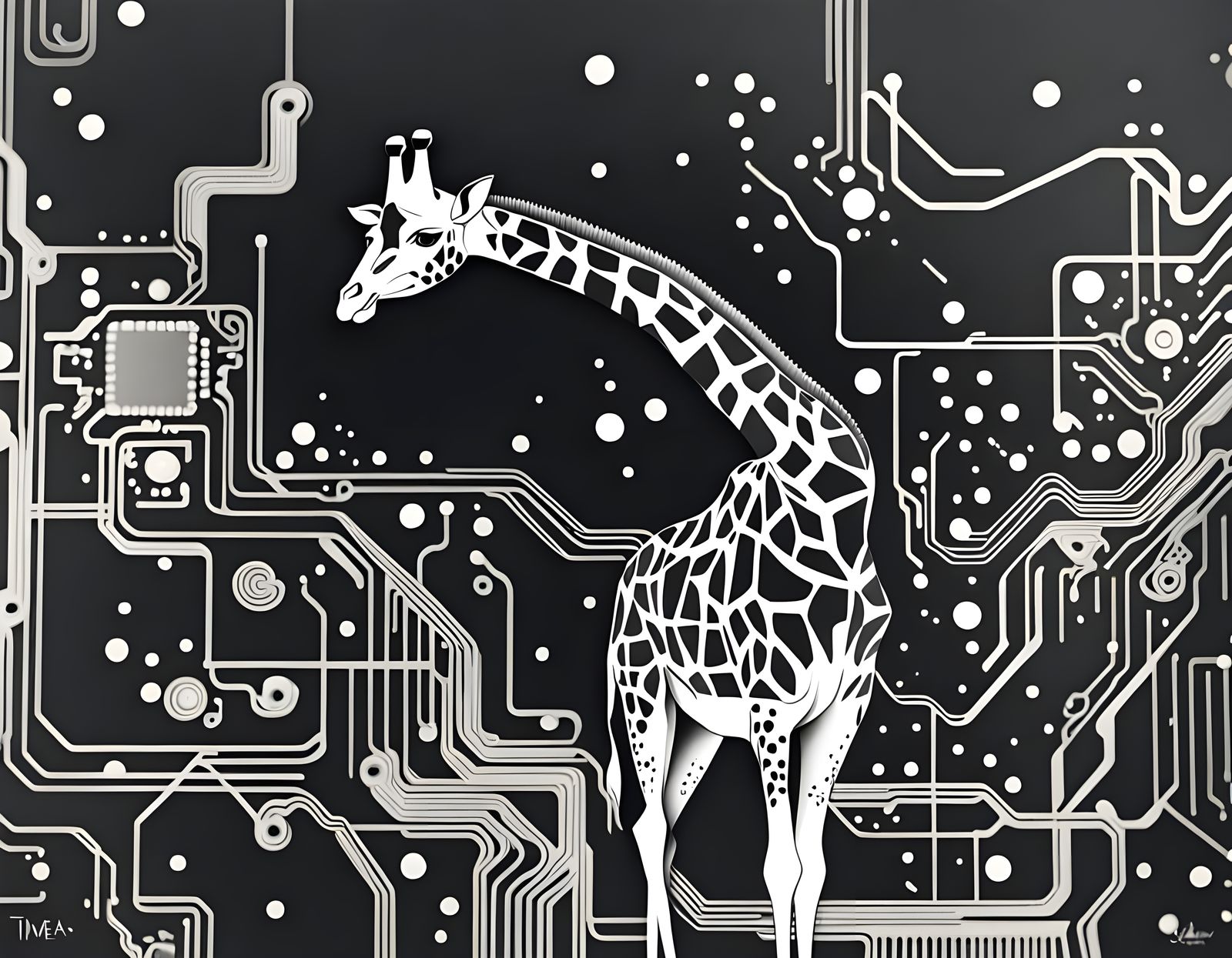 Giraffe Circuit Board Art with Flowing Time Elements