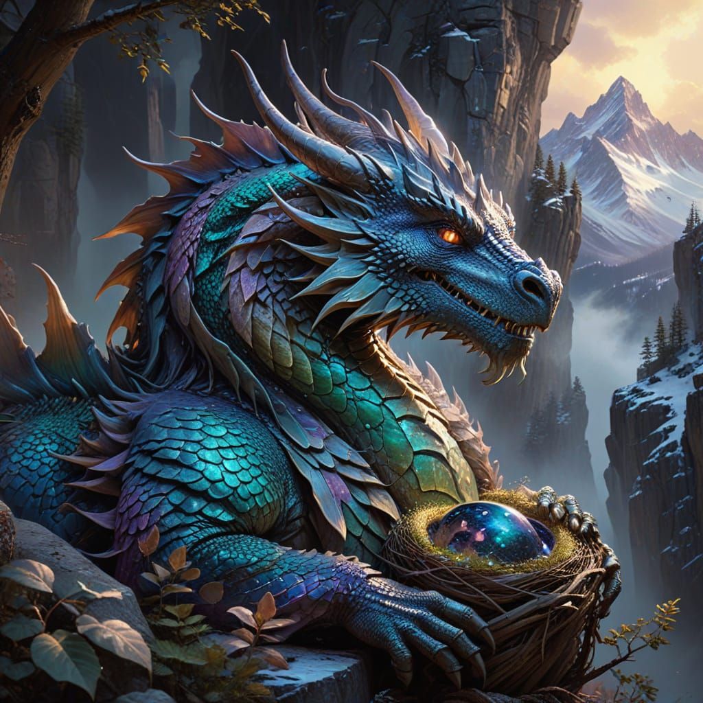 Gentle Dragon Cradling Birds, Oil-Color Glazing Technique