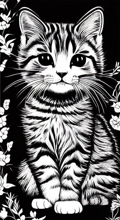 Cute Kitten Coloring Book Page Line Art