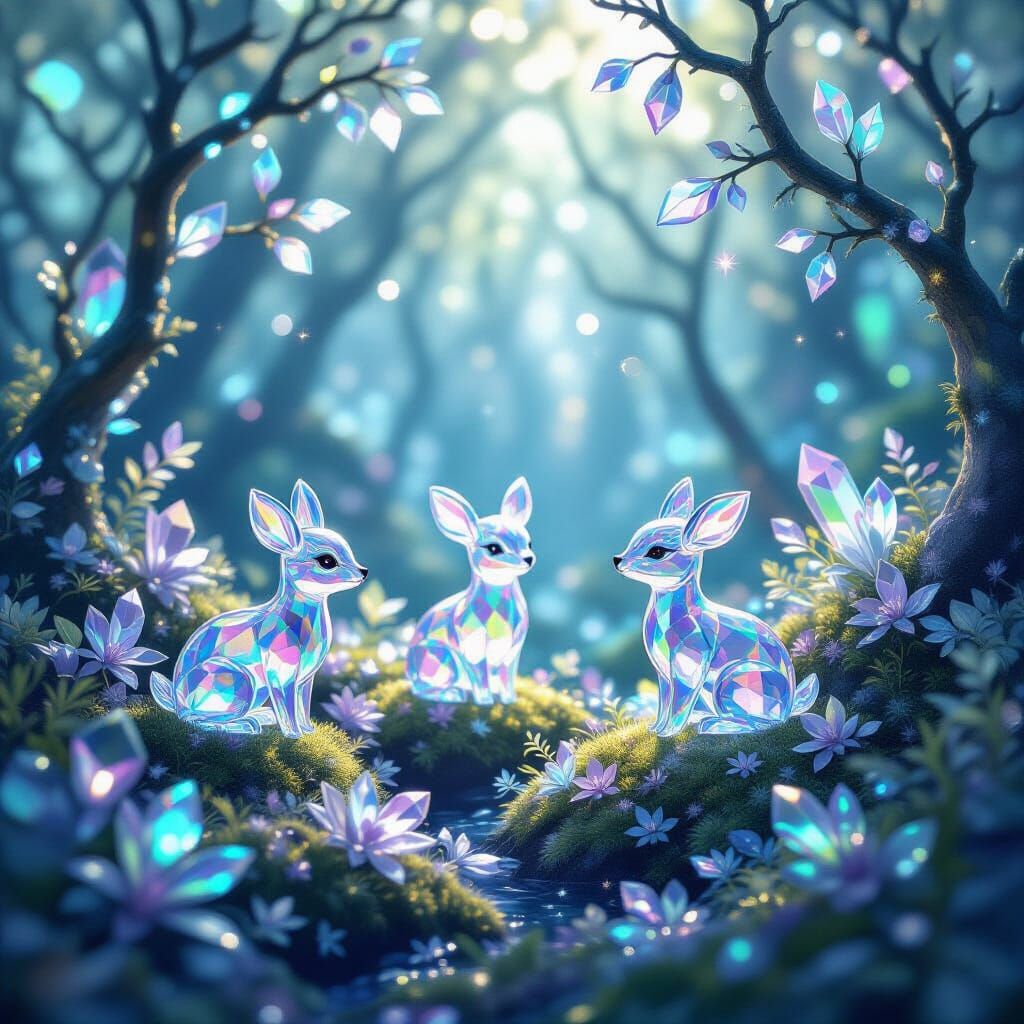 Glowing Crystal Animals in Ethereal Forest
