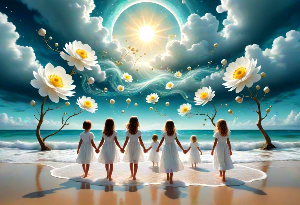 Sisters in Heavenly Beach Scene with Divine Sunshine and Cel...